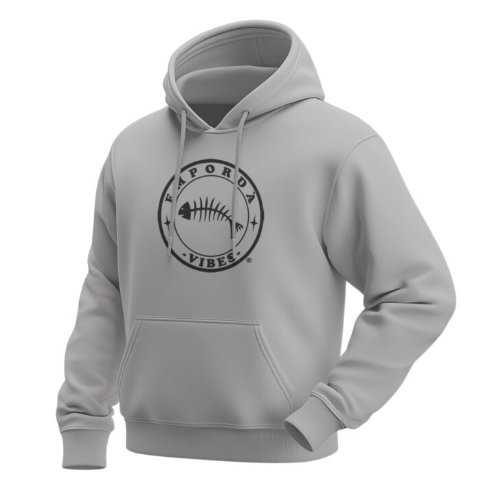 Dessuadora color gris amb logo negre, davant.