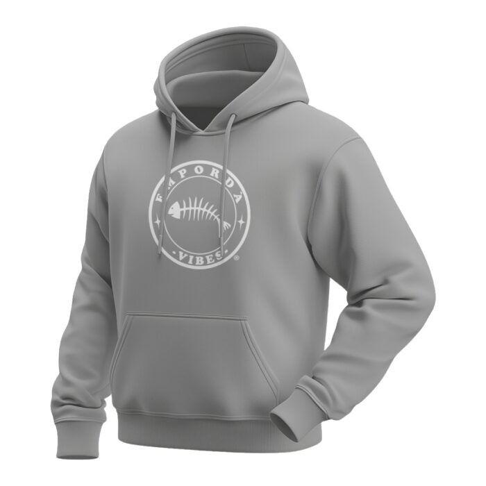 Dessuadora color gris amb logo blanc, davant.