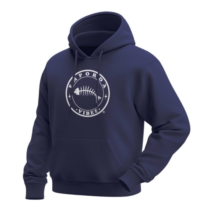 Dessuadora color blau marí amb logo blanc davant.