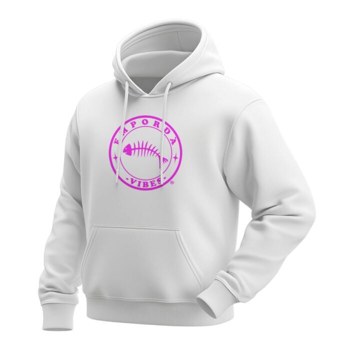 Dessuadora color blanc amb logo rosa davant.