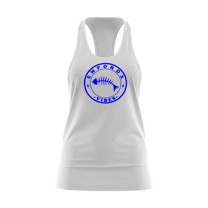 Samarreta tirants noia color blanc amb logo blau davant.