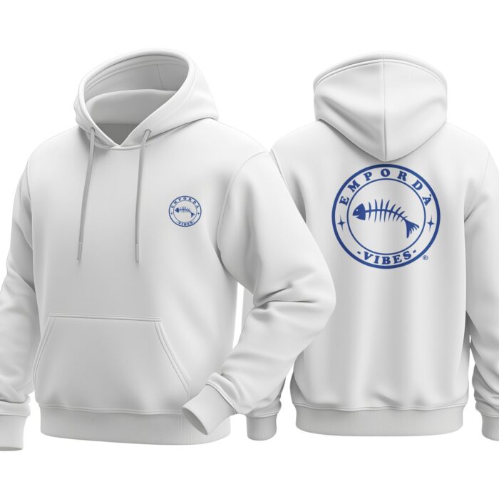 Dessuadora color blanc amb logo blau davant i darrere.