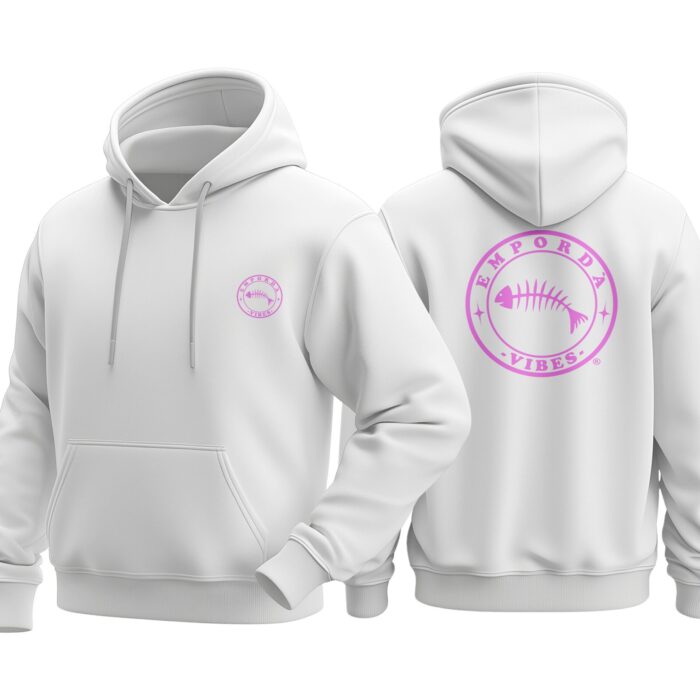 Dessuadora color blanc amb logo rosa, davant i darrere.