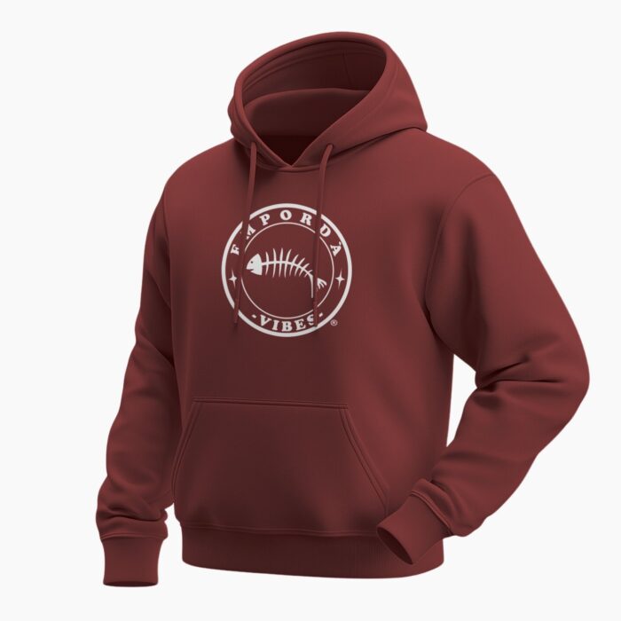 Dessuadora color bordeus amb logo blanc davant.